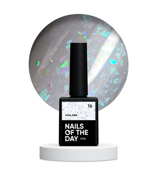 NAILSOFTHEDAY Potal Base 16 – mleczno-biała baza z niebieskimi holograficznymi płatkami, 10 ml