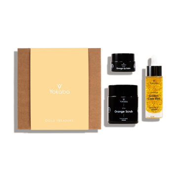 Yokaba Zestaw Prezentowy Gold Treasure: Golden Care Elixir 30ml, Orange Scrub 100ml, Orange Lip Balm 15ml